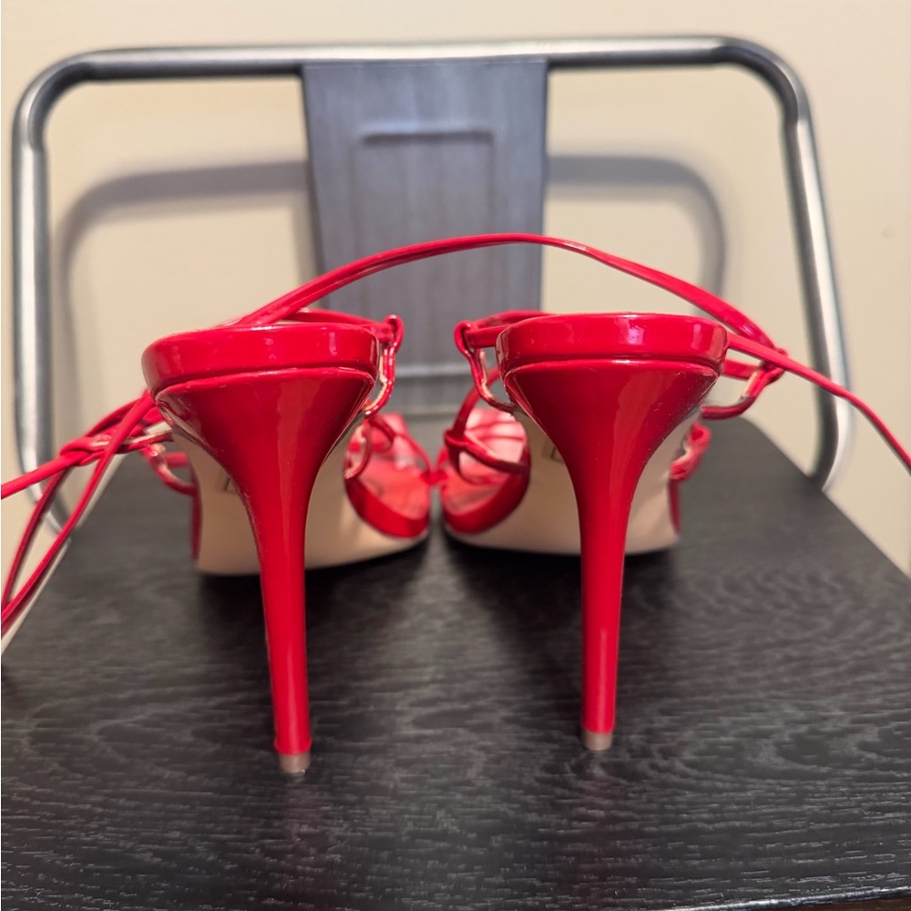 Azalea Wang Red Patent Lace Up Square Toe Heels Size 7 | Strappy Stiletto - Picture 6 of 9